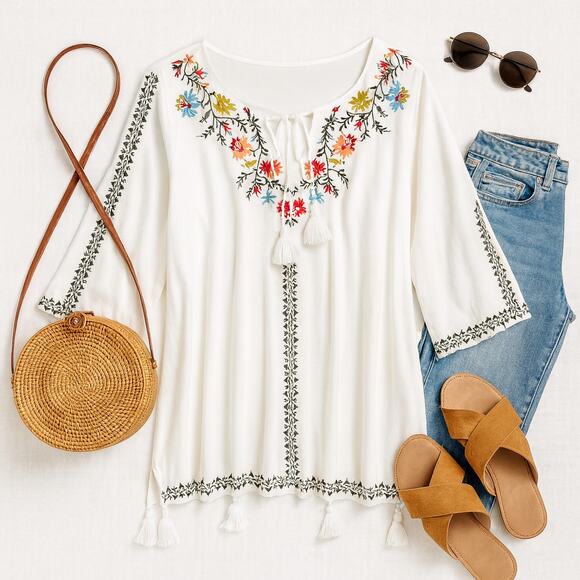 J.Jill Embroidered Floral Peasant Tunic Top White Tassel Tie 3/4 Sleeve Medium - Picture 3 of 13